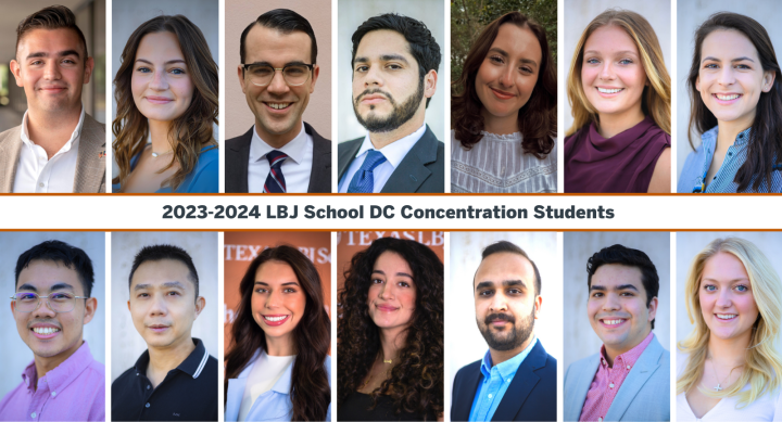Grid of 14 headshots with text in the middle: 2023-2024 LBJ School DC Concentration Students