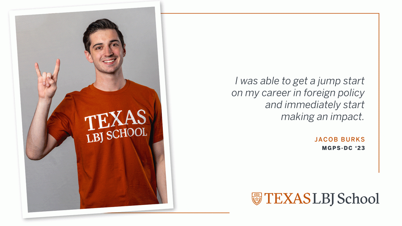 Jacob Burks Three images of Jacob Burks (MGPS-DC '23) next to a quote: “I was able to get a jump start on my career in foreign policy and immediately start making an impact”