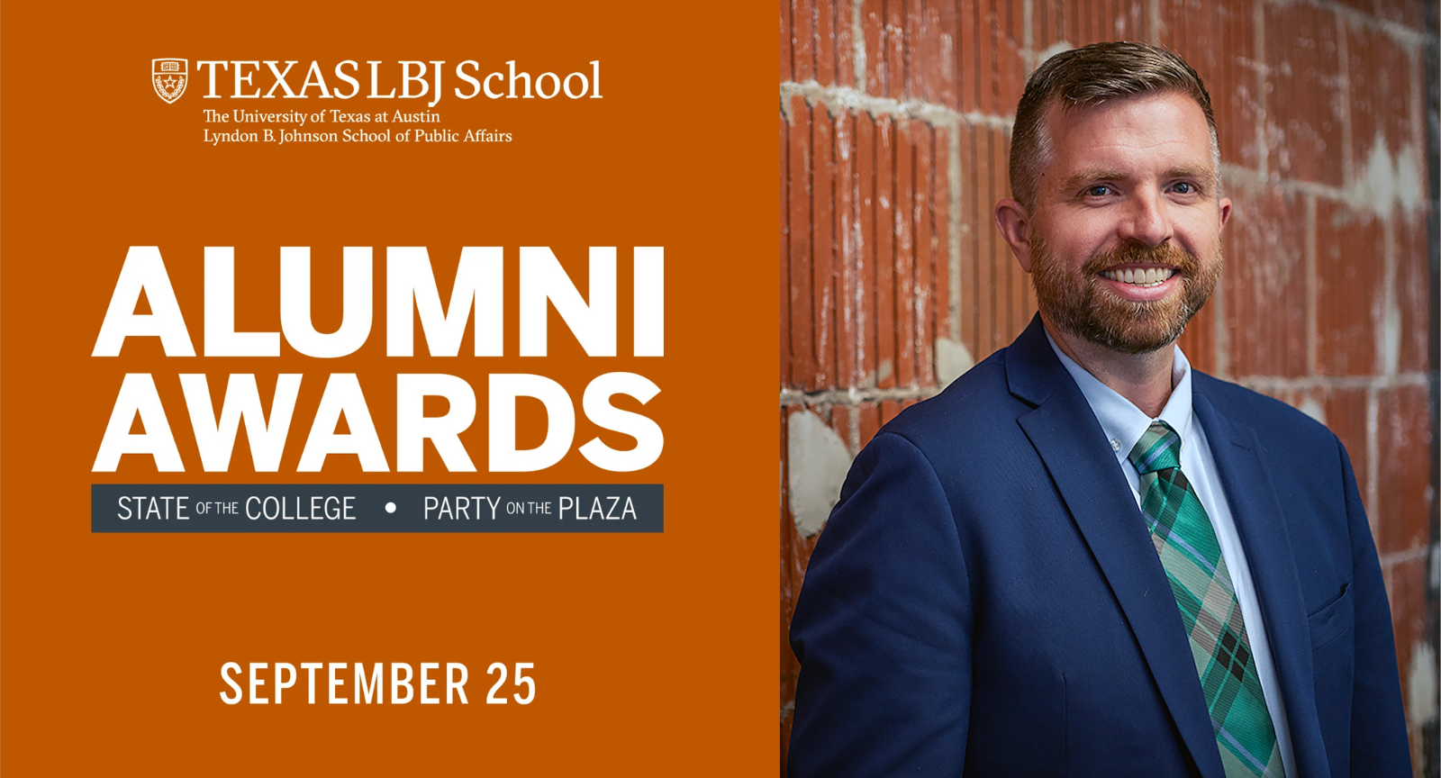 Chris Purdy Left text: Alumni Awards September 25. Right photo: Headshot of Chris Purdy