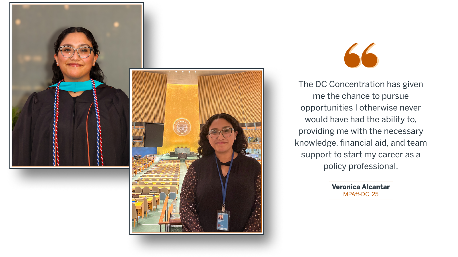 Graphic with 2 photos of Veronica Alcantar and a quote from the passage below