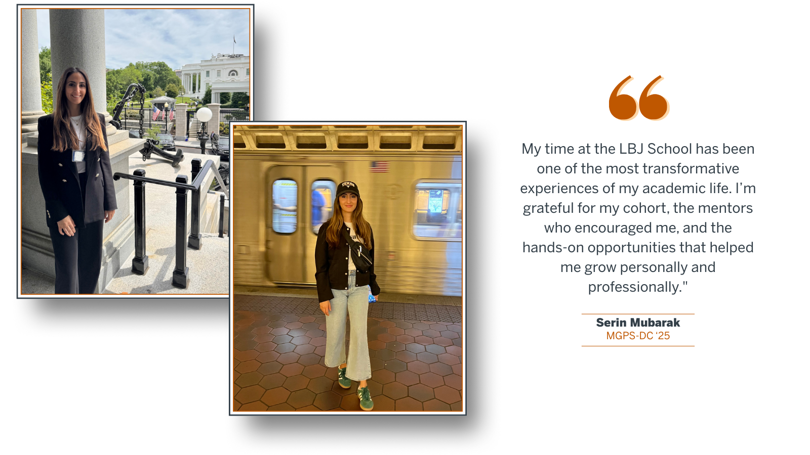 Graphic with 2 photos of Serin Mubarak and a quote from the passage below