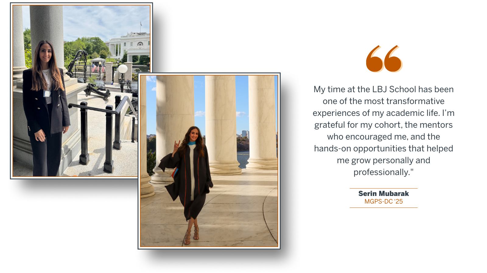 Graphic with 2 photos of Serin Mubarak and a quote from the passage below