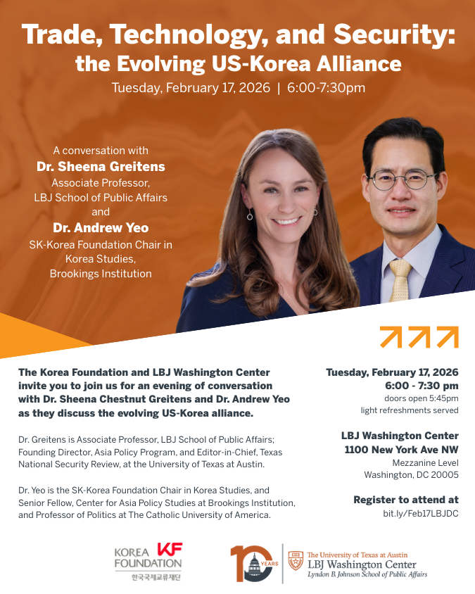 Invitation for the feb 17 US-Korea Alliance discussion at the LBJ Washington Center. Full event details in text of the webpage.