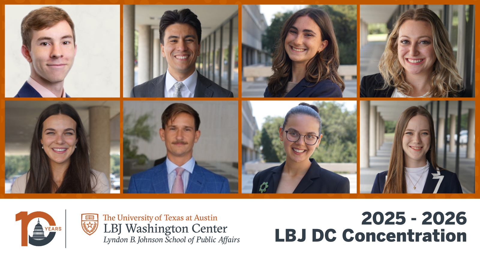 Grid of 8 headshots with the LBJ Washington Center logo below and the text '2025-2026 LBJ DC Concentration'