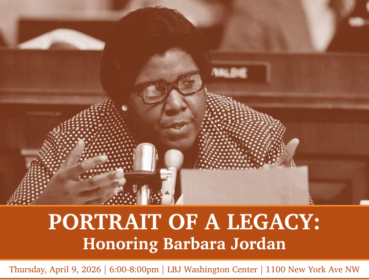 Photo of Barbara Jordan during a Congressional Hearing with the text below: Portrait of a Legacy: Honoring Barbara Jordan