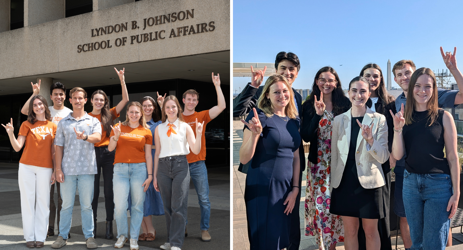 2 photos side-by-side of group of students holding up hook'em horns
