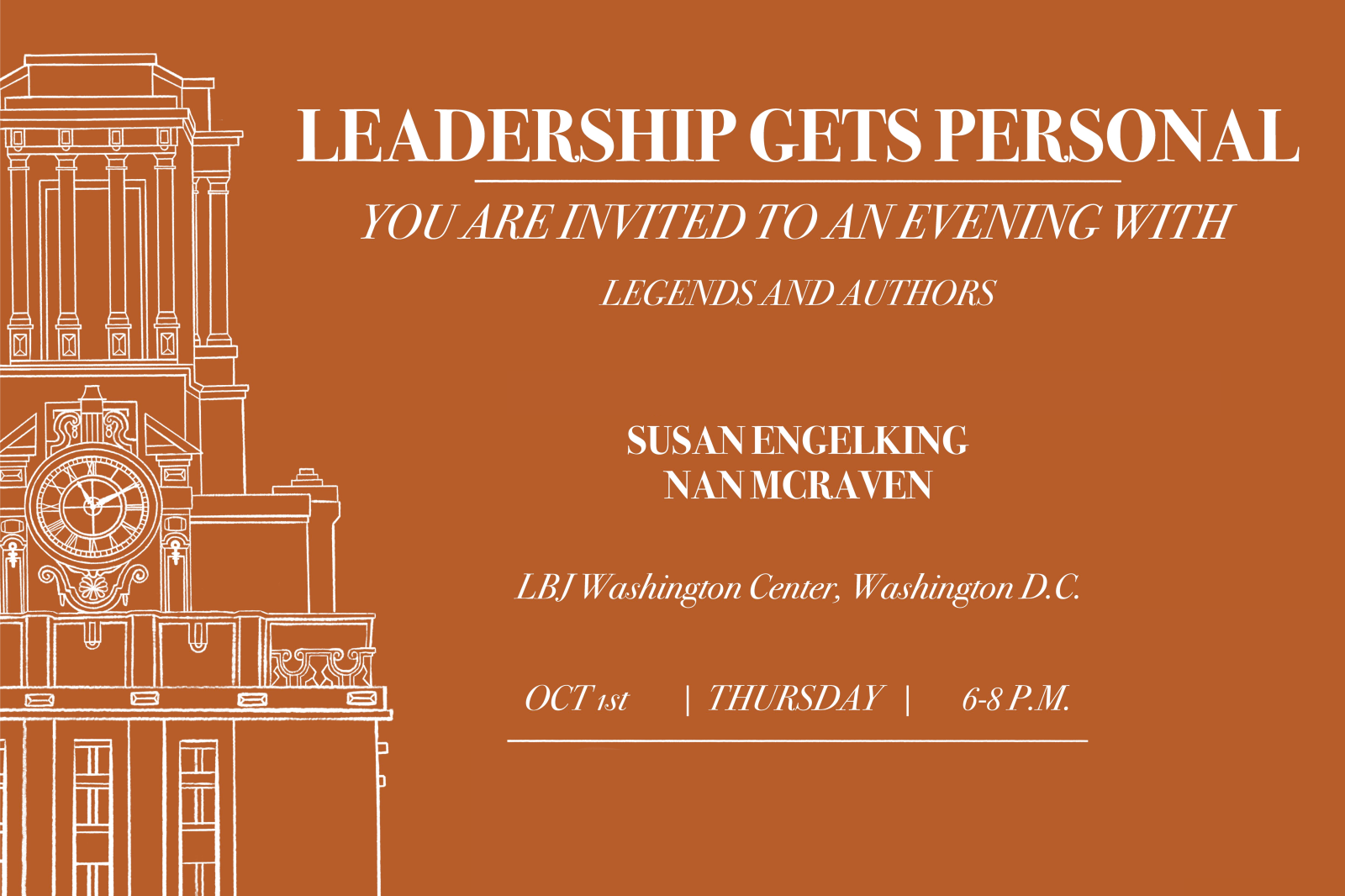 Invitation: Leadership Gets Personal. October 1, 6-8pm, LBJ Washington Center