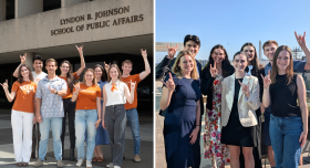 2 photos side-by-side of group of students holding up hook'em horns