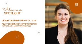 Alumni Spotlight graphic for Leslie Golden MPAff-DC 2016