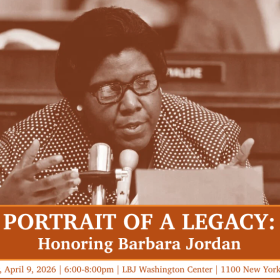 Photo of Barbara Jordan during a Congressional Hearing with the text below: Portrait of a Legacy: Honoring Barbara Jordan
